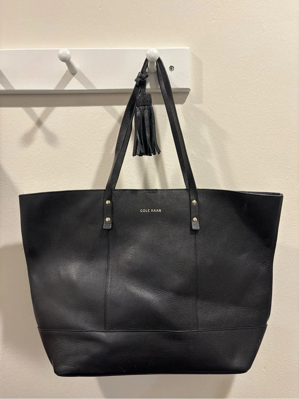 Cole Haan Black Pebbled Leather Tote with Tassel